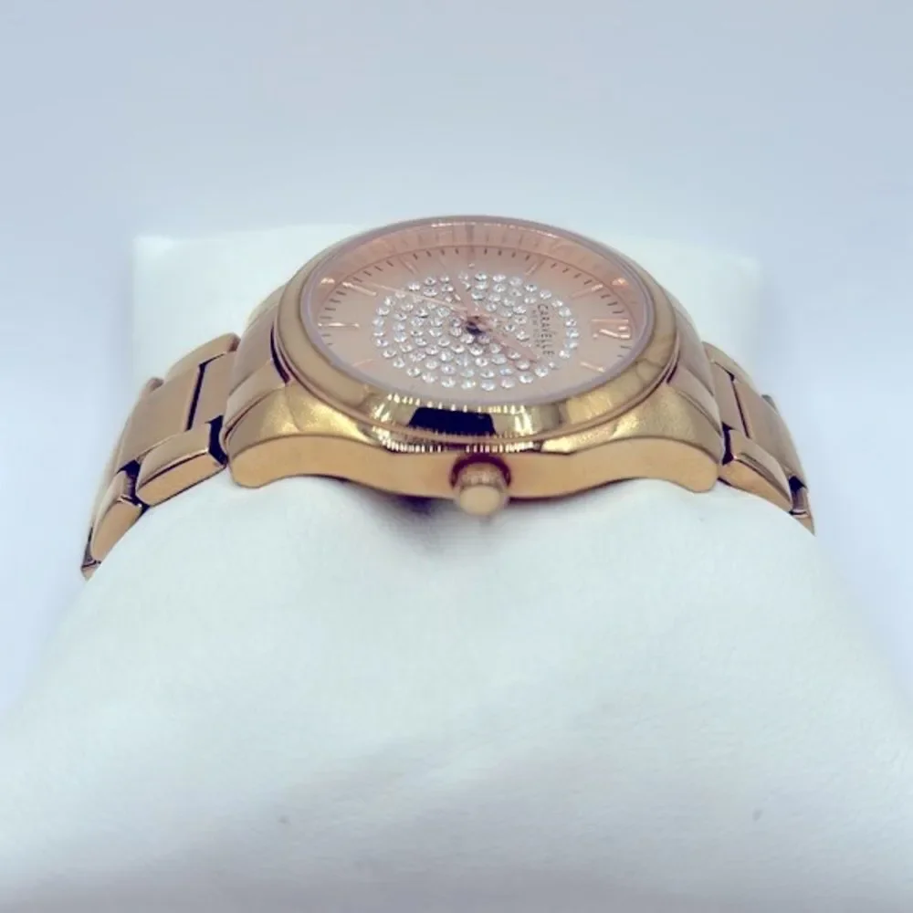 Working! Caravelle New York Rose Gold Rhinestone Face Ladies Watch